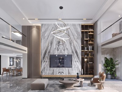 现代挑高客餐厅3D模型下载